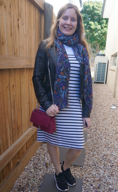 leather jacket, white striped midi tee dress with purple scarf and magenta edie crossbody bag | awayfromblue