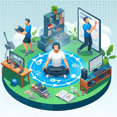 A gamer engaging in a balanced daily routine, including gaming, exercise, work, and social activities, exemplifying a balanced gaming lifestyle.