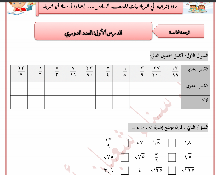 مادة إثرائية في وحدة النسبة لمادة الرياضيات للصف السادس الفصل الثاني