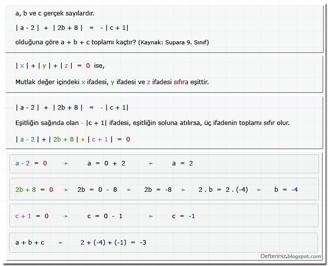 Mutlak değerli denklem » Örnek soru-7 » |x| + |y| = 0 ise (kaynak: Supara 9. sınıf).