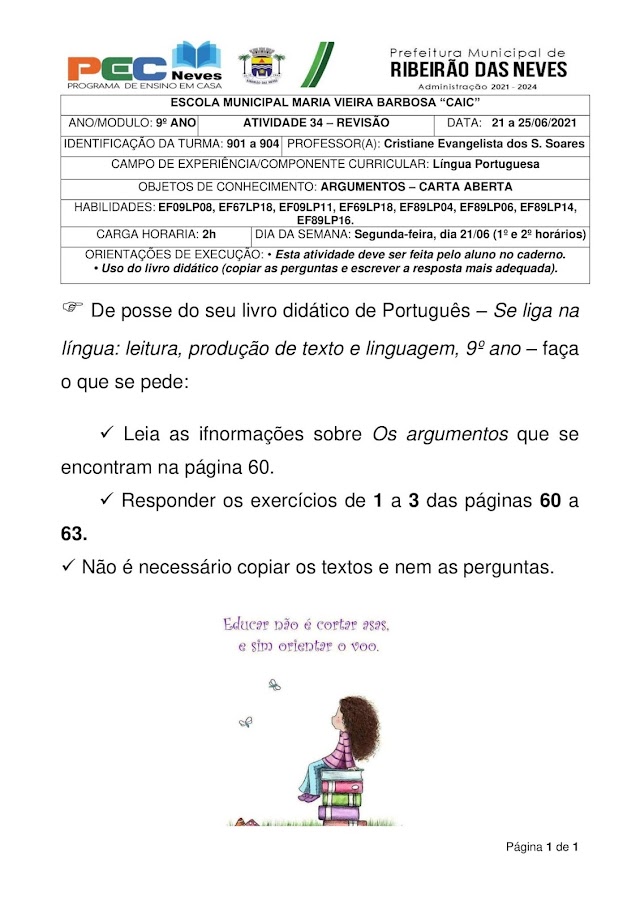 LÍNGUA PORTUGUESA - PROFª. CRISTIANE EVANGELISTA - ATIVIDADE 34 - REVISÃO - 901 a 904 (21 a 25/06/2021)