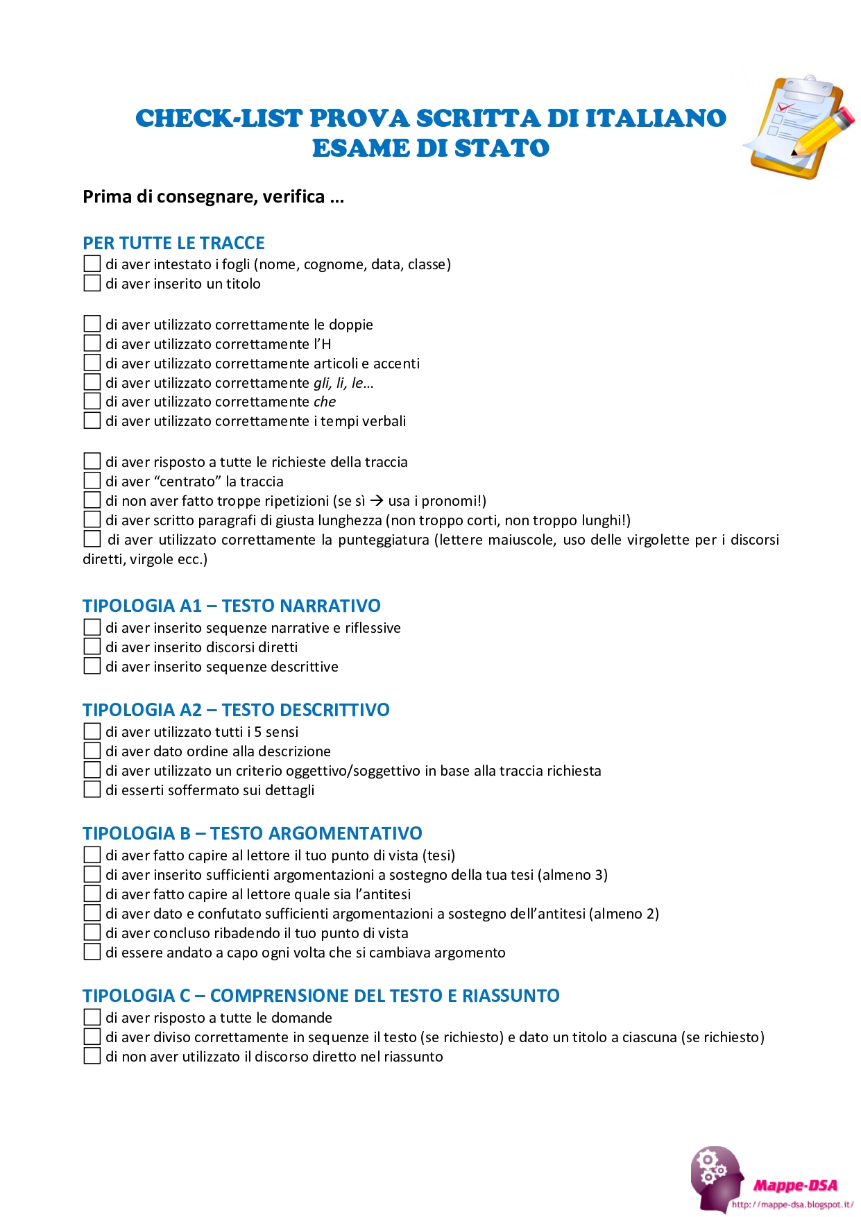 mappedsa mappa scuola mappe dsa disturbi specifici apprendimento italiano prova esame tema traccia terza media check list come scrivere un testo narrativo descrittivo argomentativo sintesi riassunto comprensione del testo misure compensative