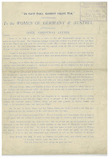 Page one of the Open Christmas Letter sent by 101 British women suffragists "To the Women of Germany and Austria" in December 1914.