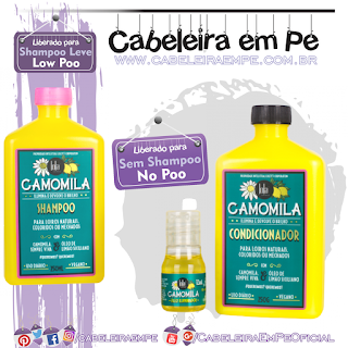 Shampoo (Low Poo), Condicionador (No Poo com silicones) e Óleo Iluminador (No Poo sem silicones)Camomila - Lola Cosmetics