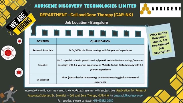 Aurigene Discovery Technologies| Openings in Cell and Gene Therapy Departments at Bangalore | Send CV