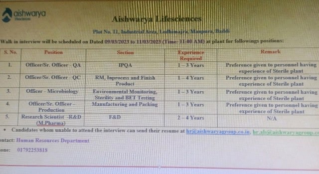 Aishwarya Life Sciences | Walk-in interview at Baddi for Multiple Positions on 9th to 11th March 2023