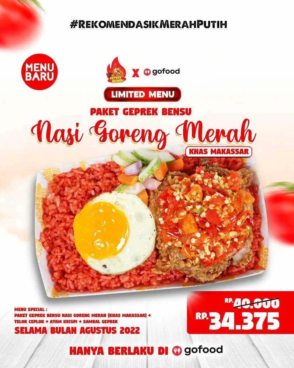 GEPREK BENSU NASI GORENG MERAH KHAS MAKASSAR – Harga Paket Rp. 34.375