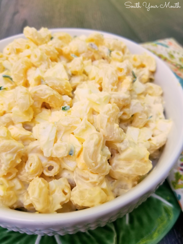 Deviled Egg Pasta Salad! A rustic macaroni salad made with elbow noodles, chopped boiled eggs and a simple but perfectly seasoned dressing perfect for everything from burgers to Sunday dinner.