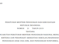 Download Permendikbud No 21 Tahun 2019 tentang Permendiknas Mengenai Kriteria dan Perangkat Akreditasi PAUD, Sekolah/Madrasah dan PNF 