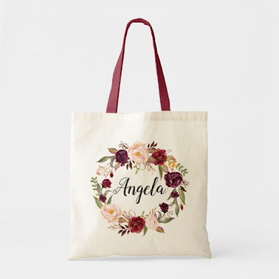  Burgundy Red Blush Floral Wreath Bridesmaid Tote Bag