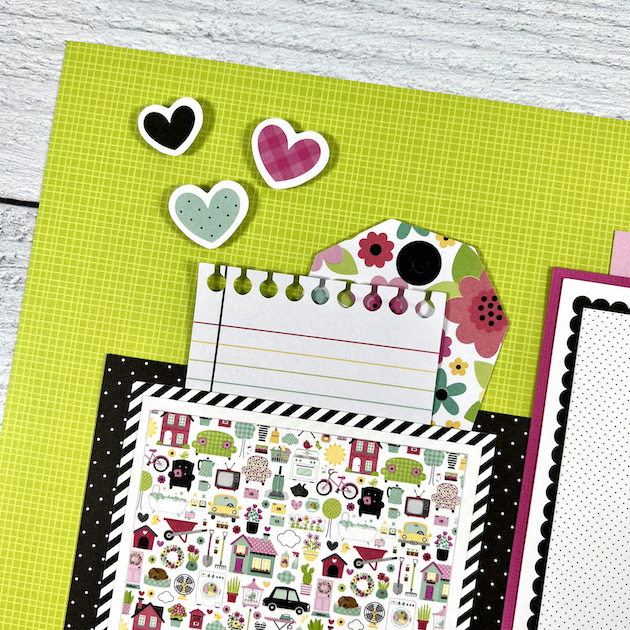 12x12 Family Scrapbook Page with hearts and a pocket