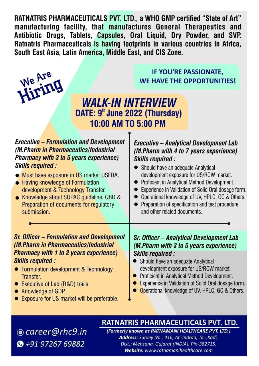 Job Available's for Ratnatris  pharmaceuticals Pvt Ltd. Walk-In Interview for M Pharm Pharmaceutics/ Industrial Pharmacy