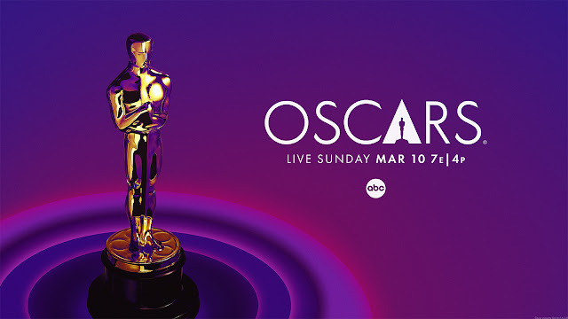 Color key art for the 2024 Oscars, featuring the Oscar statuette and gradient colors surrounding the base.