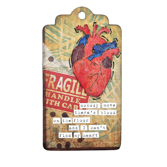 Stenciled Patterned Paper Tag with Hand Painted Crackle Glazed Anatomical Chipboard Heart