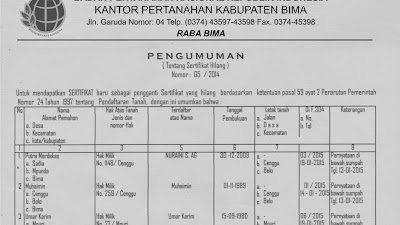 Pengumuman Kehilangan Sertifikat dari Kantor Pertanahan Nasional Kabupaten Bima