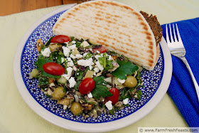 image of a blue plate with a serving of Greek Wild Rice Salad and a falafel-stuffed pita