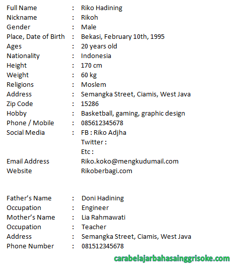 Contoh Biodata Dalam Bahasa Inggris Lengkap Untuk Pelajar 