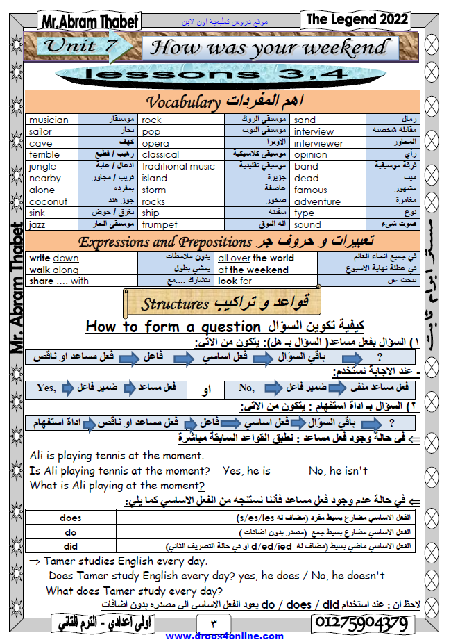 افضل مراجعة انجليزى على الوحدات (7-8) الصف الأول الإعدادى الترم الثانى 2023 مستر ابرام ثابت موقع دروس تعليمية اون لاين