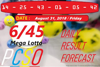 August 31, 2018 6/45 Mega Lotto Result 6 digits winning number combination