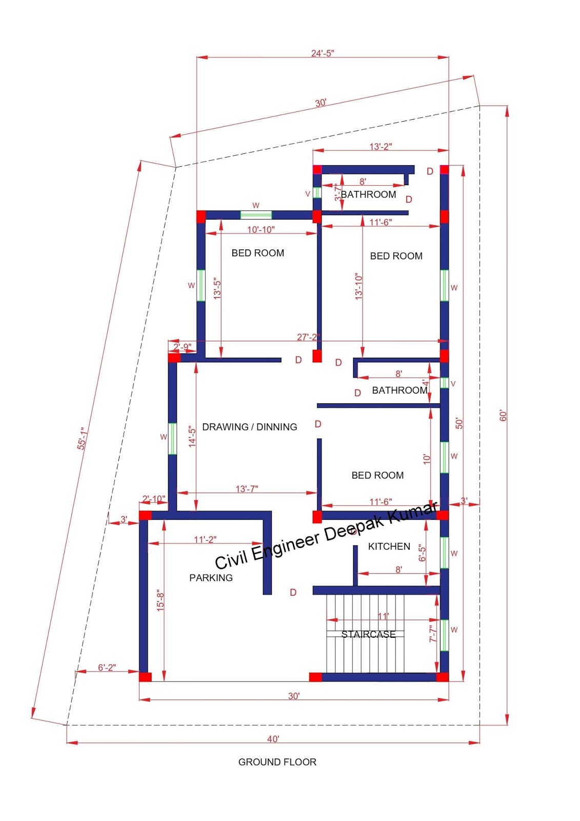 Civil Engineer Deepak Kumar House Plan For Irregular Shape Plot 30 X 50 House Plan