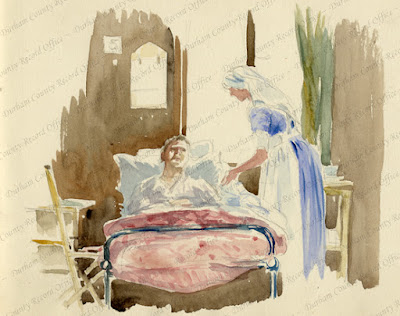 Watercolour of a nurse tending to a wounded soldier in a hospital, by Captain Robert Mauchlen,9th Battalion, Durham Light Infantry c.1917 (D/DLI 7/7/920/11(11))