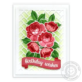 Sunny Studio Blog: Red & Green Rose Bouquet Birthday Card (using Potted Rose, Everything's Rosy, Banner Basics & Heartfelt Wishes Stamps and Frilly Frames Herringbone Dies)