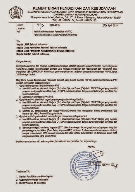 SURAT EDARAN PERIHAL KEBIJAKAN PERSYARATAN PENERBITAN NUPTK TERBARU