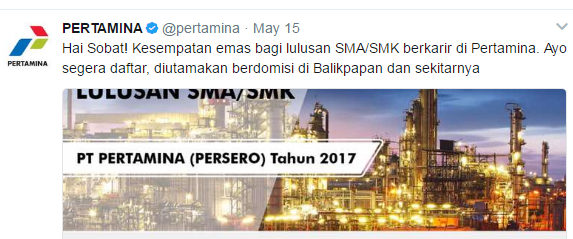 REKRUTMEN KARYAWAN PT PERTAMINA  UNTUK LULUSAN SMA/SMK TAHUN 2017