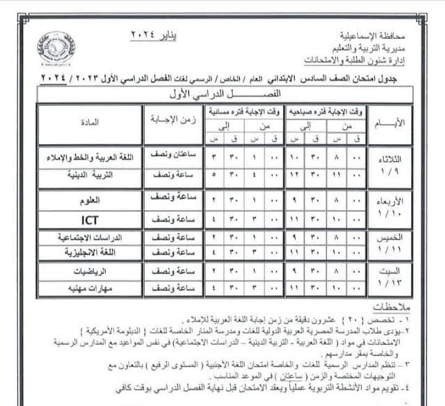 جداول امتحانات محافظة  الإسماعيلية ترم أول 2024 %D8%A7%D9%84%D8%B3%D8%A7%D8%AF%D8%B3