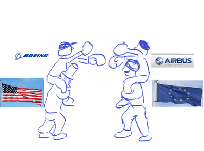 cartoon of Boeing and Airbus fighting on the shoulders of US and EU