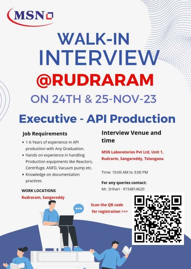 MSN Laboratories | Walk-in interview for API Production on 24th & 25th Nov 2023