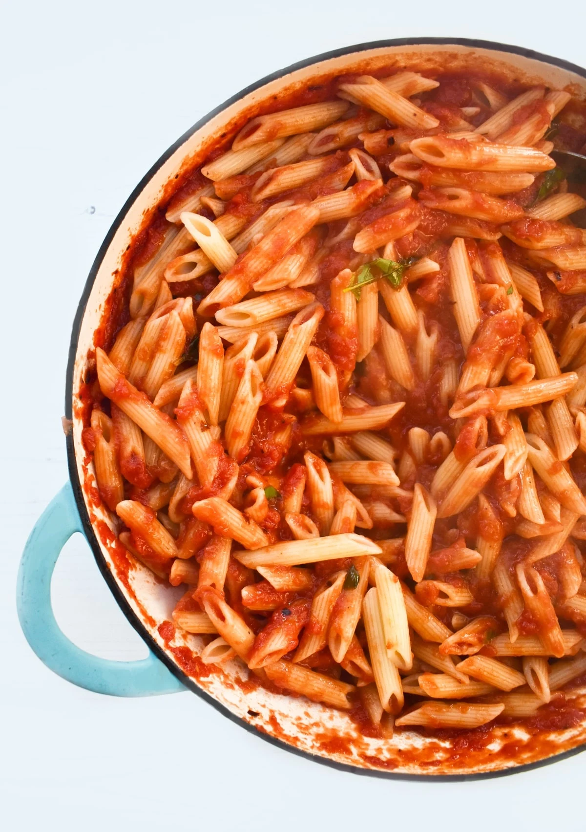 Quick Penne Arrabbiata in a shallow casserole pan.