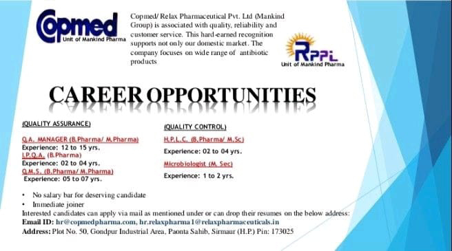 Job Available's for Copmed/ Relax Pharmaceutical Pvt Ltd Job Vacancy for B Pharm/ M Pharm/ MSc