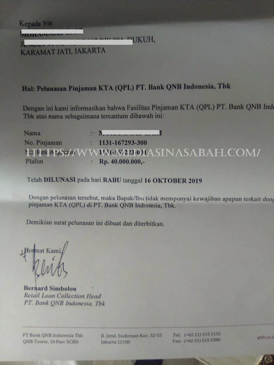 Surat Keterangan Lunas Bank QNB - Mediasi 1090