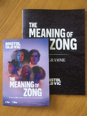 photo shows grey programme (on left) and flyer (on right) for the play. The flyer shows the faces of 5 cast members including Giles Tereraon a blue-grey background