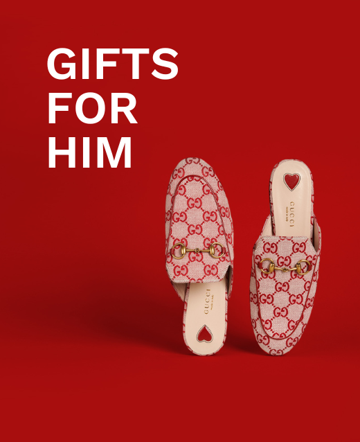 Photo of preloved red and pink Gucci loafers on red backdrop, text on image reads gifts for him.