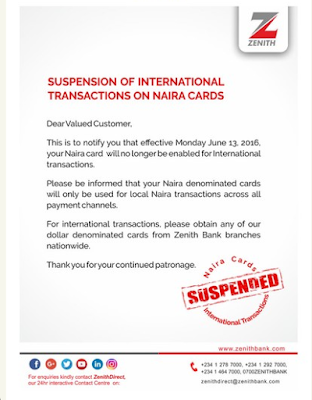 zenith bank nigeria naira card suspension memo