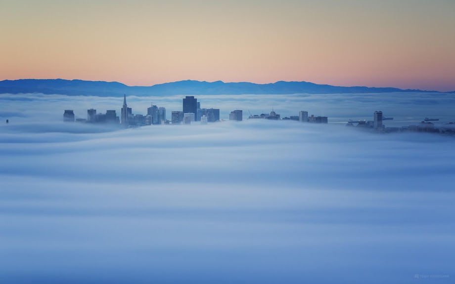Утро, рассвет, густой туман, здания, верхушки небоскребов. California, Sausolito