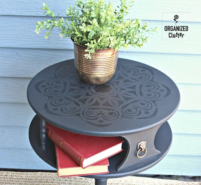 Vintage Two Tier Drum Table Transformation #dixiebellepaint #monochromaticstencil