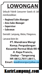 Lowongan Regional Sales Manager PT. Mandrava Wangi Lampung