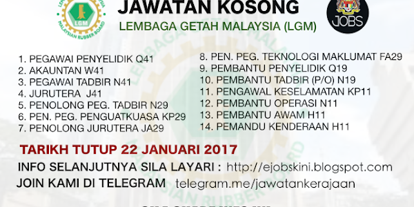 Jawatan Kosong Lembaga Getah Malaysia (LGM) - 22 Januari 2017