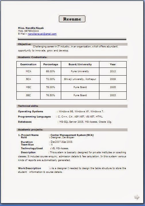 Fresher Resume Format for MCA Student