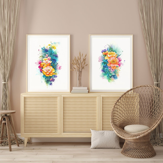 With three beautiful, colorful paintings that are high quality and printable up to 28x40 inches at 300ppi, you can enjoy these large prints in your home or office. Featuring unique wild flowers, each painting showcases elegant and artistic watercolor strokes, all set against a crisp white background. These digital paintings are truly one-of-a-kind, perfect for adding a touch of sophistication and beauty to any space. Get your hands on this unique triptych today!