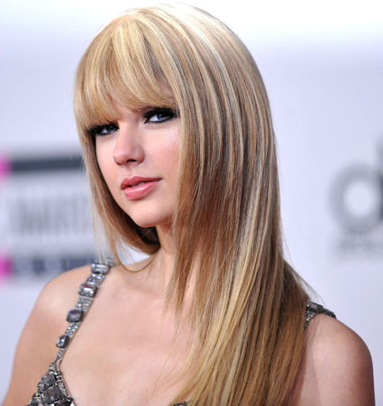 taylor swift with straight hair bangs. taylor swift black and white