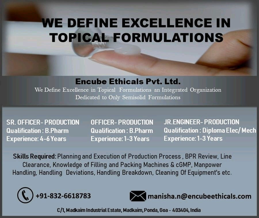 Job Available's for Encube Ethicals Pvt Ltd Job Vacancy for Production Department