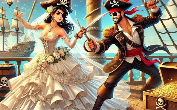 Female pirate with sea dragon, symbolizing strength and alliance.