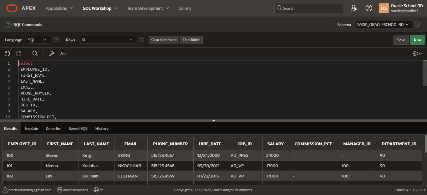 SQL Command On Oracle Apex Workshop