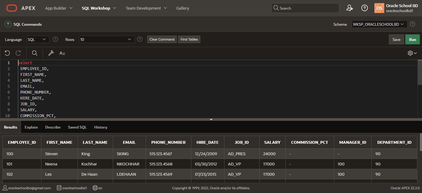 SQL Command On Oracle Apex Workshop