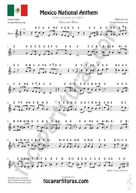 Mexican National Anthem Notes Sheet Music for Flute Recorder Violin Oboe