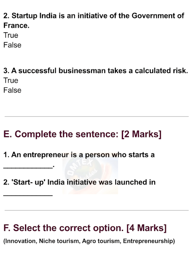 OCM Test No. 3. Class: 12th Standard Maharashtra Chapter 3: Entrepreneurship Development.